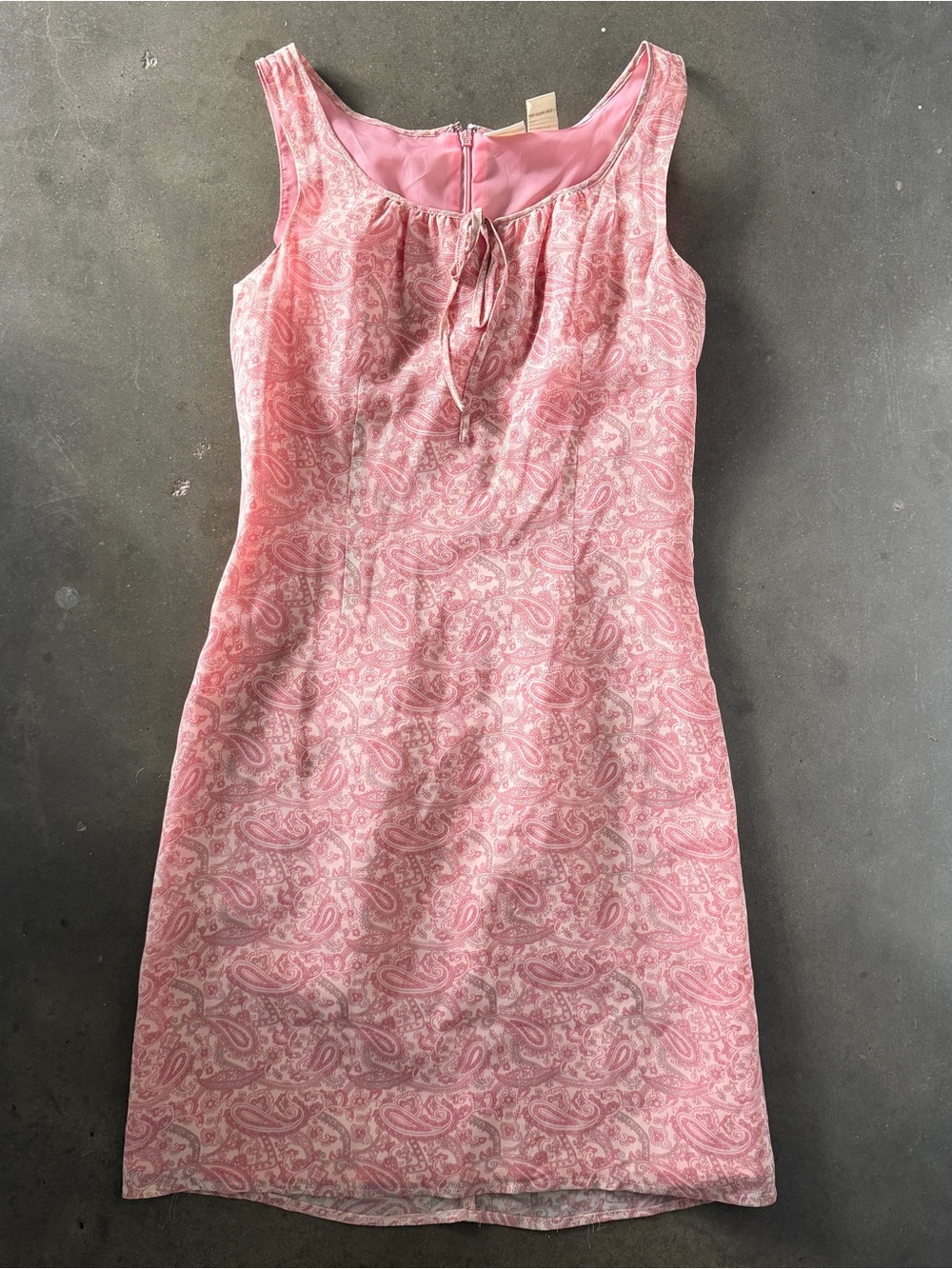 Y2K VTG Silk Sleeveless Pink Paisley Sheath Dress Tie Front sz 2 fairy cottage